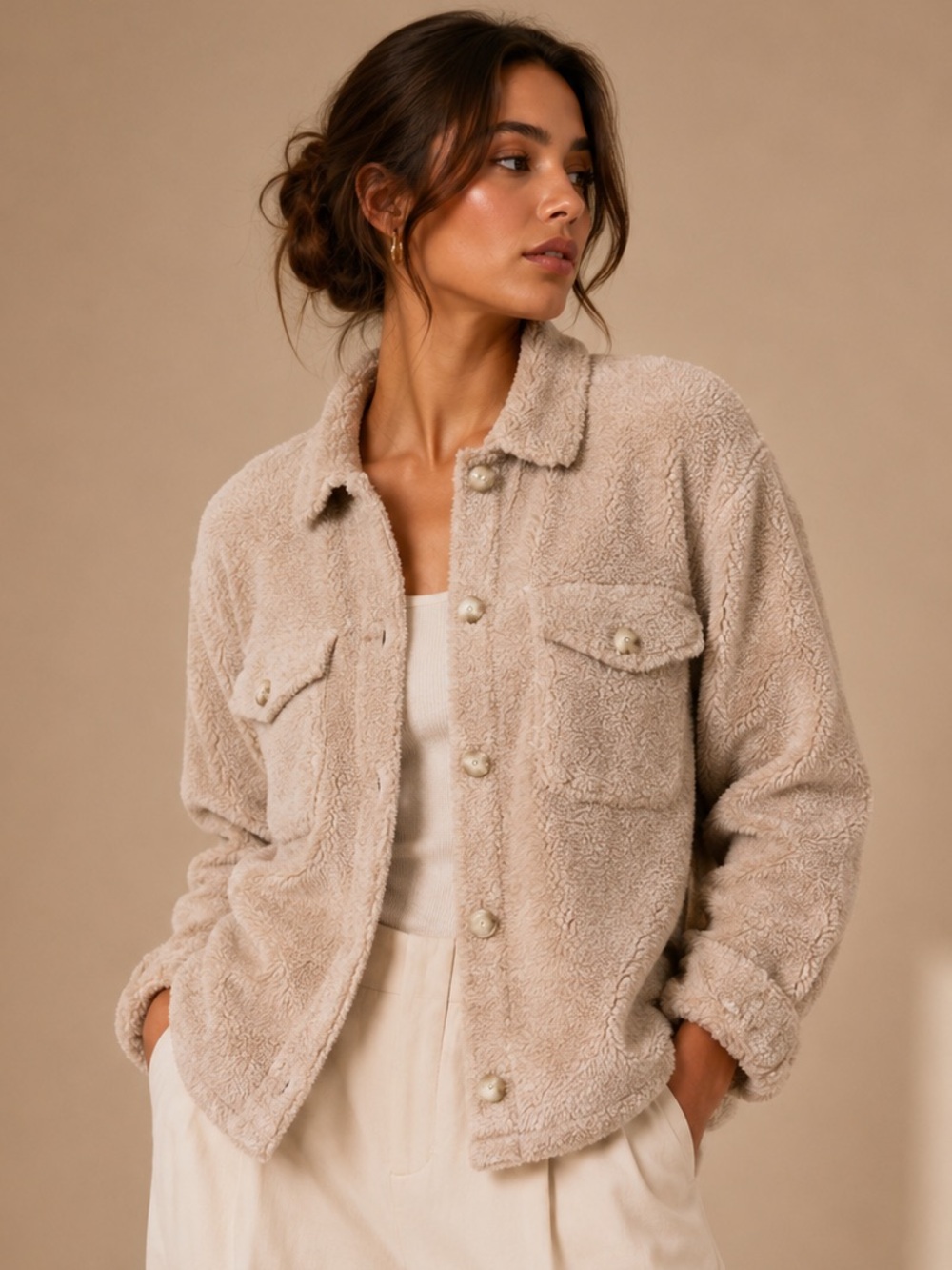 Wishlist Beige Teddy Sherpa Shacket M/L Cozy Oversized Button Front Jacket